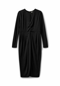 Sort knælængde kjole med lange ærmer, rynket detalje foran i midten og rund halsudskæring med en lille nøglehulsåbning.