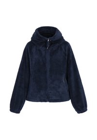 Granatowa bluza polarowa z przednim zamkiem błyskawicznym, regulowanym kapturem, długimi rękawami i ściągaczami przy mankietach, o miękkiej, pluszowej fakturze.