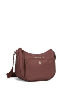 Borsa a tracolla bordeaux realizzata in materiale textured, con cerniera dorata e logo, dotata di tracolla regolabile e tasca frontale.