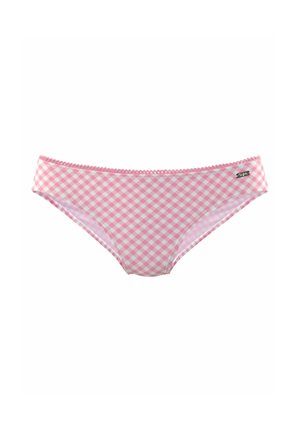 Rosa-weiß karierte Damen-Bikini-Slips mit Spitzenbesatz und kleinem schwarzen Markenetikett vorne rechts.