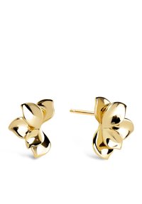 Boucles d'oreilles en forme de fleur en or avec une finition brillante ; pétales lisses et texture polie. Comprend un fermoir à tige pour un maintien sécurisé.