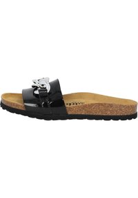 Sandalo a infradito in vernice nera con soletta in sughero, caratterizzato da un accento decorativo in argento e una suola in gomma nera testurizzata.