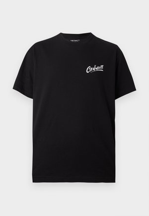 Μαύρο κοντομάνικο t-shirt με στρογγυλή λαιμόκοψη και μικρό λευκό λογότυπο "Carhartt" στο αριστερό στήθος.