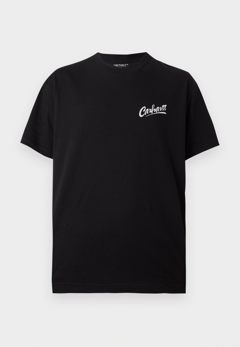 Sort kortærmet crewneck t-shirt med lille hvid "Carhartt" logo på venstre bryst.
