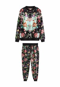 Black floral sweatshirt and joggers set with fox and heart motif on top, featuring colorful flowers and green leaves throughout.