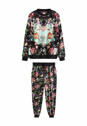 Black floral sweatshirt and joggers set with fox and heart motif on top, featuring colorful flowers and green leaves throughout.