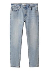 Light blue straight-leg denim jeans with front and back pockets, belt loops, and a button closure.