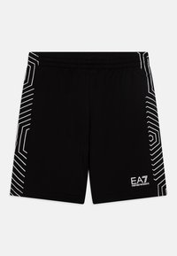 Calções desportivos pretos com uma cintura elástica. Apresenta um padrão geométrico branco nas laterais e um pequeno logótipo na parte inferior da frente.