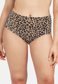 Vrouw draagt hooggetailleerd naadloos leopardprint ondergoed, toont torso van net onder de borst tot de bovenbenen tegen een effen achtergrond.