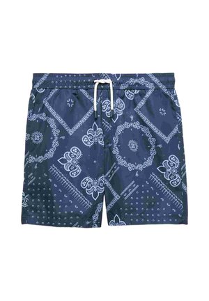 Marineblå badeshorts med hvide paisley- og geometriske bandanamønstre, elastisk talje og hvid snor foran.