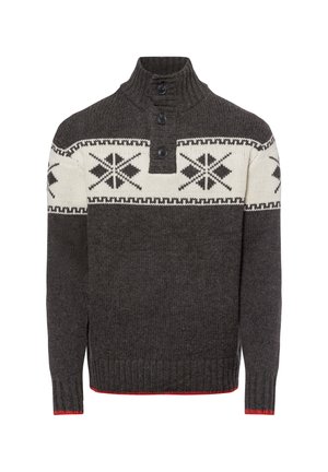 Dunkelgrauer Strickpullover mit hohem Kragen, drei Knöpfen und einem weißen gemusterten Band über der Brust. Rote Akzente am Saum. Weiche Textur.