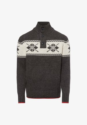 Dark gray knit sweater with a high collar, three buttons, and a white patterned band across the chest. Red accent at the hem. Soft texture.