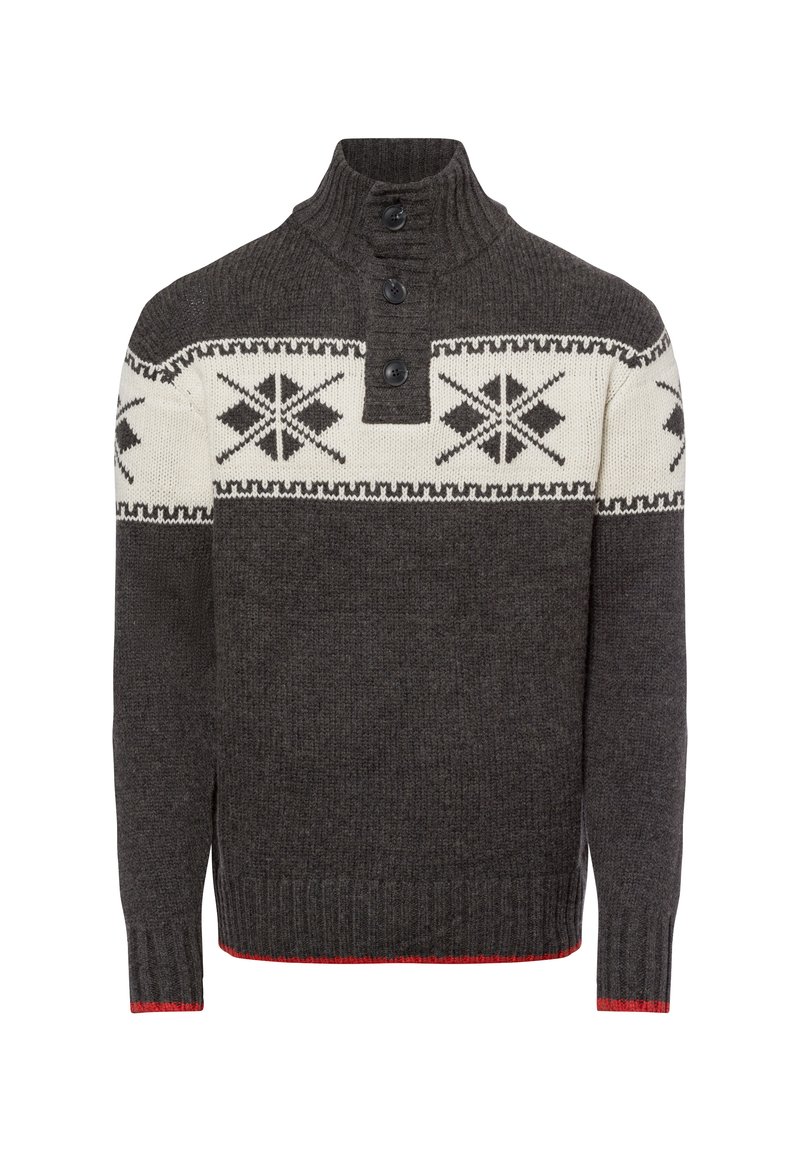 Dark gray knit sweater with a high collar, three buttons, and a white patterned band across the chest. Red accent at the hem. Soft texture.