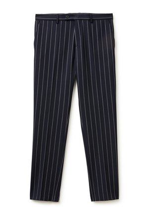 Pantaloni blu navy con sottili righe bianche verticali, bottone frontale e passanti per cintura, taglio slim fit, design frontale piatto.
