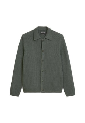 Dark green ribbed cardigan featuring a collar, front button closure, and long sleeves with a textured knit fabric.