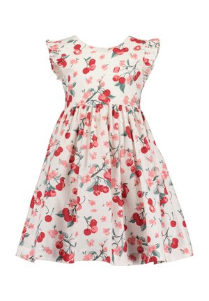 Kwiatowa sukienka z kremowego materiału, ozdobiona czerwonymi wiśniami i różowymi kwiatami. Krótkie falbaniaste rękawy, dopasowana góra i rozkloszowany krój spódnicy.