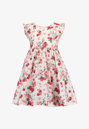 Abito floreale in tessuto crema, con ciliegie rosse e fiori rosa. Maniche corte a volant, corpetto aderente e design gonna svasata.