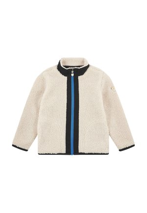 Beige fleece jacket with black trim and blue front zipper, long sleeves, high collar, and patch detail on left arm.