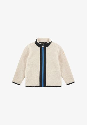 Veste polaire beige avec bordure noire et fermeture éclair avant bleue, manches longues, col montant et détail patch sur le bras gauche.