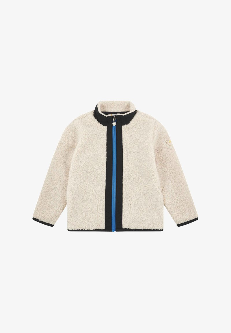 Beige fleecejack met zwarte bies en blauwe rits aan de voorkant, lange mouwen, een hoge kraag en een patchdetail op de linkerarm.