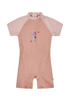 Rosa Baby-Badeanzug mit kurzen Ärmeln und gestreiften Ärmeln, Seepferdchen-Motiv und kleinen Herzchen auf der Vorderseite.