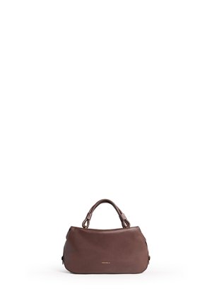 Bolso de cuero marrón oscuro con asas cortas y redondeadas, sobre un fondo blanco.