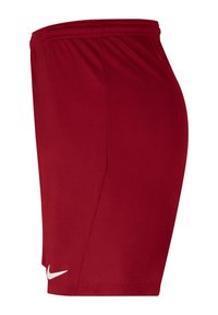 Pantaloni corti sportivi rossi con vita elastica, texture liscia e logo Nike bianco sul lato sinistro in basso.