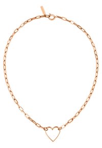 Rose gold halskæde med kæde designet i led og en hul hjertevedhæng i midten. Glat tekstur, moderne form. Sikker lukning.