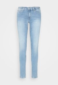 Light blue denim skinny jeans with a smooth texture, five-pocket design, and a zip fly featuring a metal button closure.