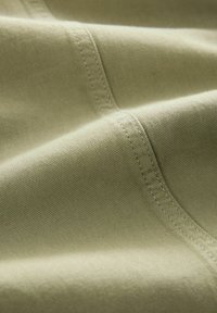Tessuto di un verde oliva chiaro con una superficie liscia, caratterizzato da cuciture visibili e una leggera lucentezza, che trasmette un aspetto morbido e resistente.