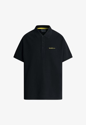Polo noir à manches courtes avec trois boutons et petit logo jaune "Red Bull Racing" sur le côté gauche de la poitrine.