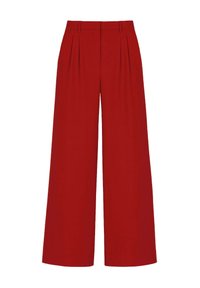 Pantalons larges rouges avec des plis à la taille, fabriqués en tissu lisse, dotés d'une taille haute et d'une coupe classique. Pas de poches visibles.