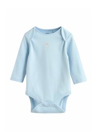 Heleroheline pika varrukaga beebikeha pehmest puuvillast, millel on rinnal väike tikitud karu ja all klõpslukud.