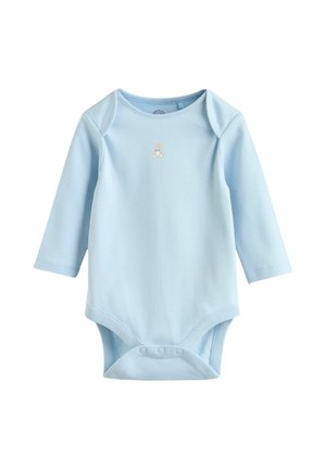 Lyseblå babybodystocking med lange ærmer i blød bomuld, med en lille broderet bjørn på brystet og trykknapper i bunden.