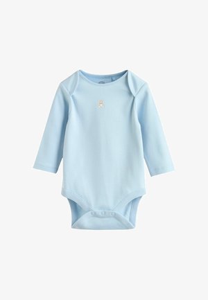 Heleroheline pika varrukaga beebikeha pehmest puuvillast, millel on rinnal väike tikitud karu ja all klõpslukud.