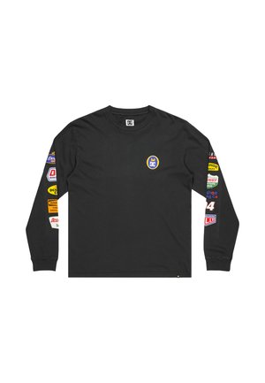 Black long-sleeve T-shirt made of cotton, featuring a central logo and various colorful brand patches on the sleeves.