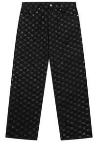 Jean en denim noir avec un motif ton sur ton constitué de lettres entrelacées sur l'ensemble, coupe droite et design classique à cinq poches.