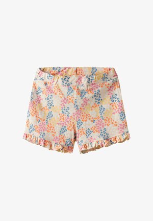 Jasne szorty z kwiatowym wzorem w odcieniach różu, pomarańczy i niebieskiego. Posiadają falbaniasty dół i elastyczny pasek w talii.