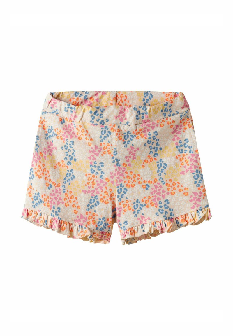 Jasne szorty z kwiatowym wzorem w odcieniach różu, pomarańczy i niebieskiego. Posiadają falbaniasty dół i elastyczny pasek w talii.