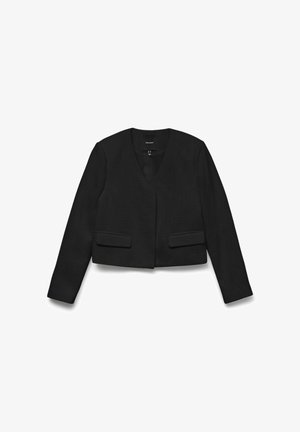 Zwarte cropped jack met lange mouwen, v-hals en twee voorzakken. Gelaagde stof met een schoon, minimalistisch ontwerp.