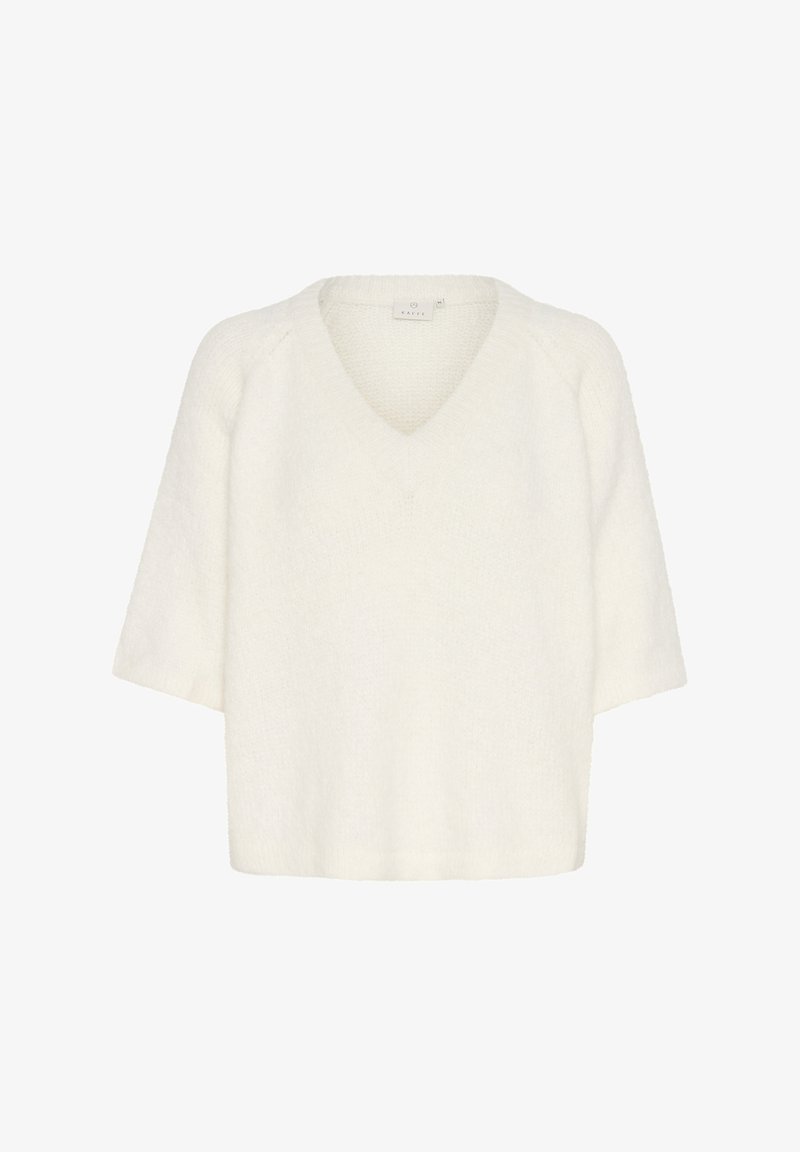 White, oversized short-sleeve sweater with a V-neck, made from soft, textured fabric. Features raglan sleeves and a straight hem.