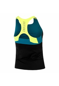Canotta sportiva nera e teal con design racerback. Presenta un accento giallo neon nella parte superiore e dettagli testurizzati "ENDLESS".