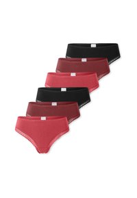 Culottes en coton de couleur noire, bourgogne et rouge foncé, avec une bordure en dentelle et des étiquettes sur la taille, disposées en agencement décalé.
