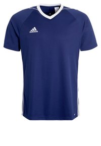 Marinblå kortärmad sportskjorta med V-hals, vita detaljer på axlar och sidor, tillverkad av lätt polyester. Adidas-logotypen är närvarande.