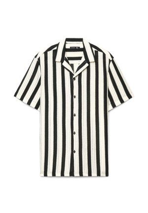 Camicia a maniche corte con bottoni, con righe verticali nere e bianche e collo a punta, taglia XL.
