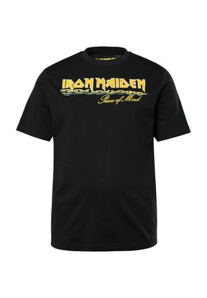 Sort bomulds T-shirt med korte ærmer, prydet med "IRON MAIDEN" i gul og "Piece of Mind" i en dekorativ skrifttype hen over fronten.
