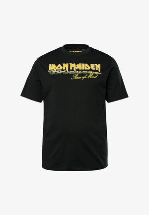 Sort bomulds T-shirt med korte ærmer, prydet med "IRON MAIDEN" i gul og "Piece of Mind" i en dekorativ skrifttype hen over fronten.