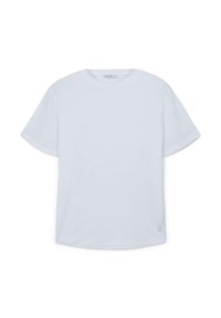 T-shirt bianco a maniche corte realizzato in morbido cotone, con colletto rotondo e orlo leggermente curvo nella parte inferiore. Nessun motivo o accento visibile.