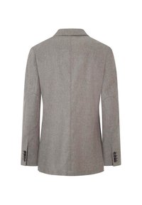 Grå blazer med strukturerad yta, snedskurna slag, armpatchar och treknappsslut på ärmarna. Bakvy.