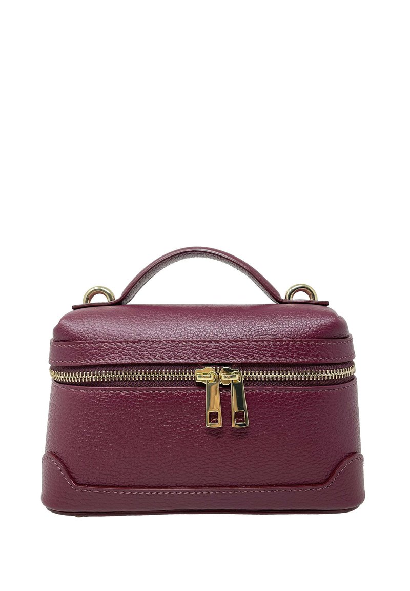 Bordeaux leren tas met een gestructureerd oppervlak, een goudkleurige dubbele rits, een bovenhandvat en een gestructureerde rechthoekige vorm. Compact ontwerp.